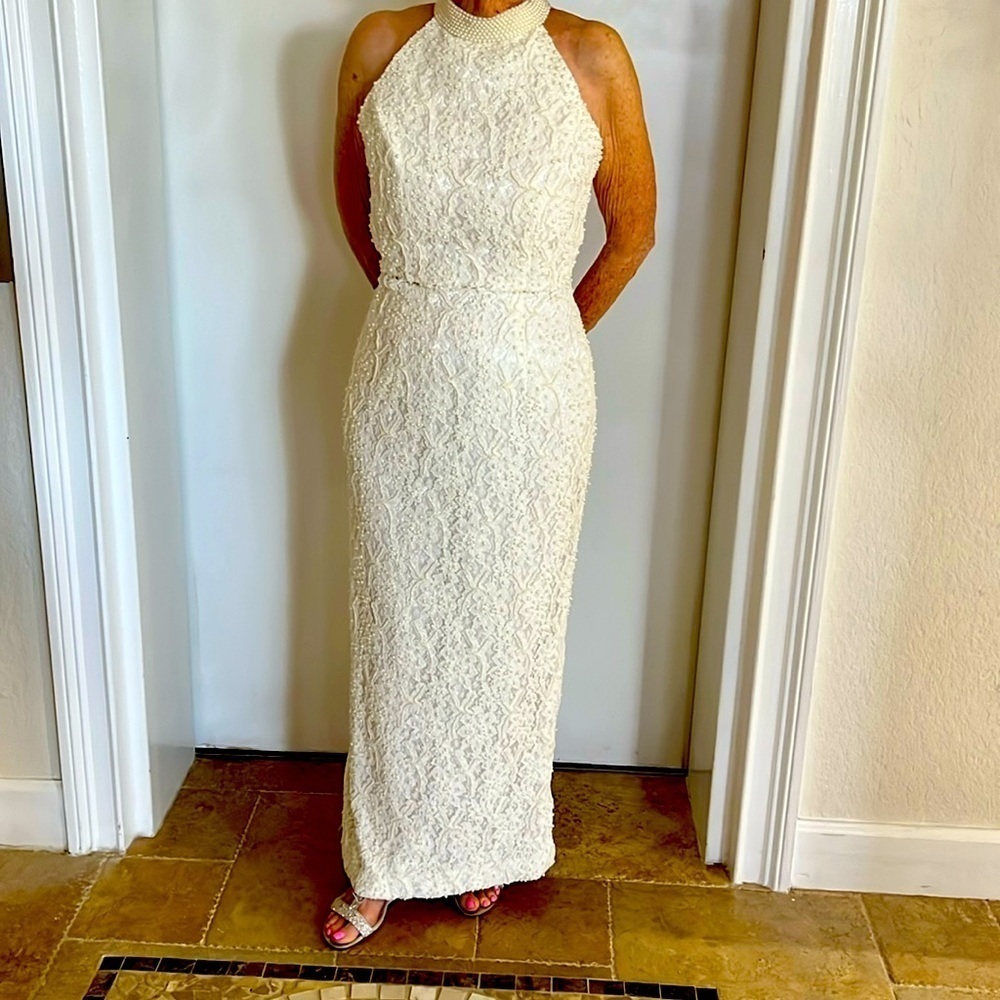 St. Tropez White Beaded Long Cocktail Dress with high neck